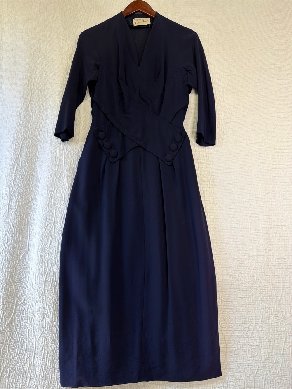 Antique Vintage Dress 30s 50s Crown Zip Tailored by Crane Abrams Navy Blue Midi
